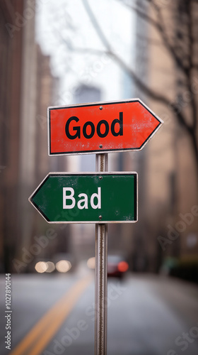 Good and bad signpost on path.