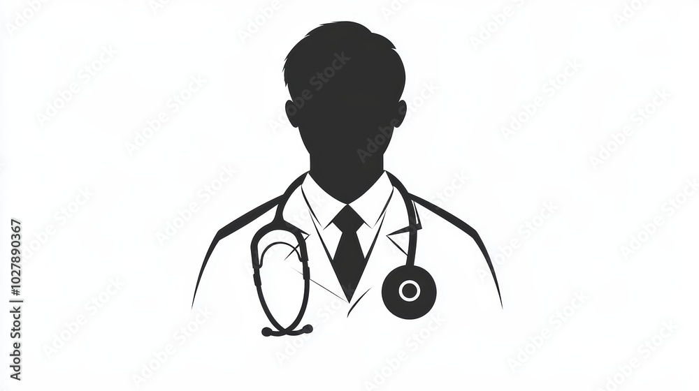 Fototapeta premium Doctor with a stethoscope around their neck, rendered in a simple silhouette style with smooth, clear lines on a white background