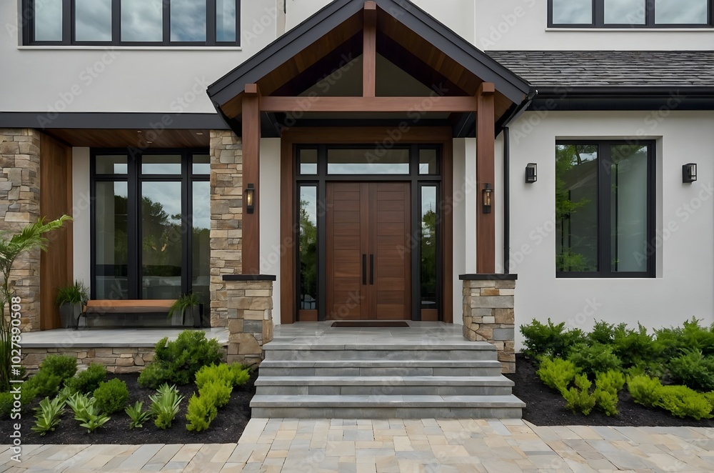Fototapeta premium Exterior view of a Georgian-style cottage with stone steps leading to a wooden door and a charming gabled porch. 