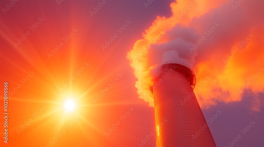 Fototapeta premium Bright sunlight illuminates a smokestack releasing dense smoke against a vibrant orange sky