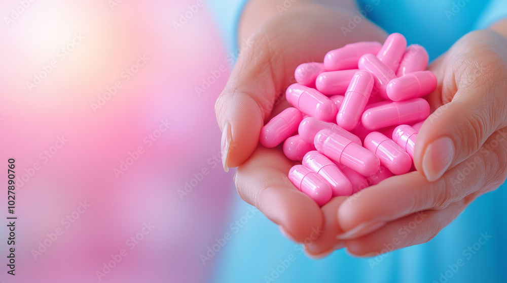 A person holds a handful of pink capsules against a soft, blurred background in a bright space A person holds a handful of pink capsules against a soft, blurred background in a bright space