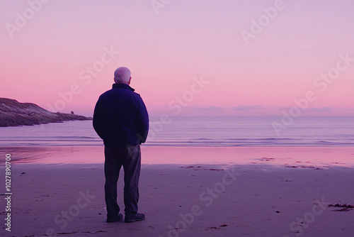 Elderly man standing on a quiet beach looking at the sea during a pink and purple evening sky
 photo