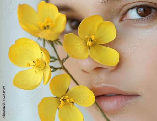 Woman Holding Senna Flowers (Senna alexandrina) Against Her Face – Natural Beauty, Bare Skin, No Makeup, Skincare Ingredient photo