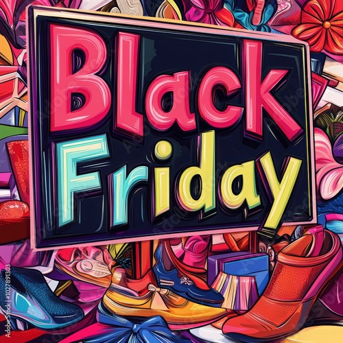 pop art-inspired illustration "Black Friday Sale", colorful letters on an oversized sign. The background is filled with various fashion items like and shoes, bags, accessories, t-shirts and jeans