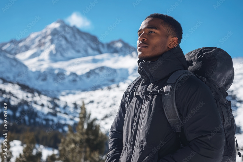 Black man in winter gear with a backpack gazing at snowy mountain peaks Black man in winter gear with a backpack gazing at snowy mountain peaks
