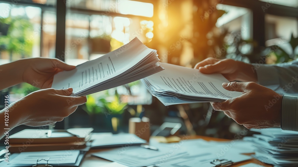 Hands exchanging documents in a bright office, symbolizing collaboration and teamwork in a professional environment. Hands exchanging documents in a bright office, symbolizing collaboration and teamwork in a professional environment.