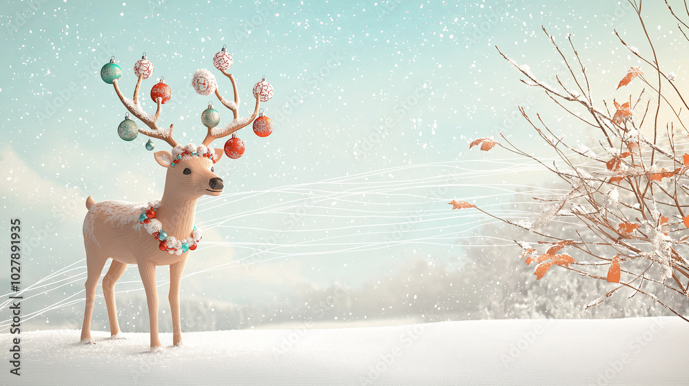 Festive deer with ornaments in a snowy winter wonderland scene Festive deer with ornaments in a snowy winter wonderland scene