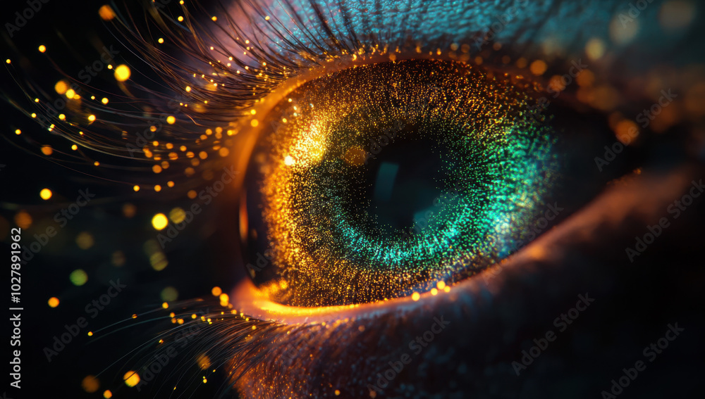 Human multicolored iris of the eye animation concept. Rainbow lines after a flash scatter out of a bright white circle and forming volumetric a human eye iris and pupil. 3d rendering background in 4K