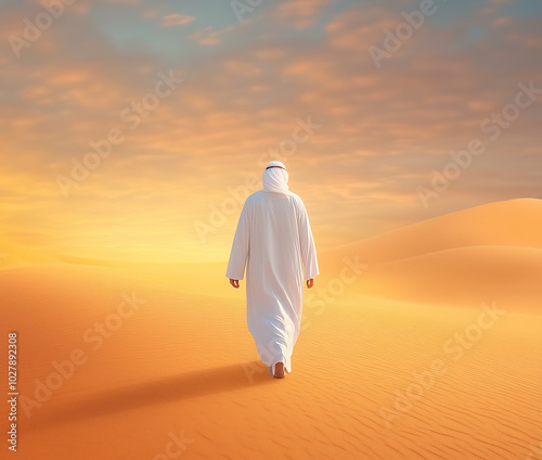 A lone person walking through golden sands at sunset in a serene desert landscape