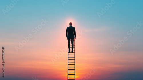 Businessman on a ladder at sunset, stretching towards the sky