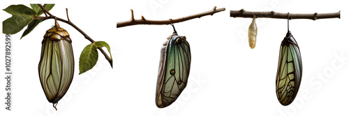 Butterfly chrysalis shown from multiple angles on a white background