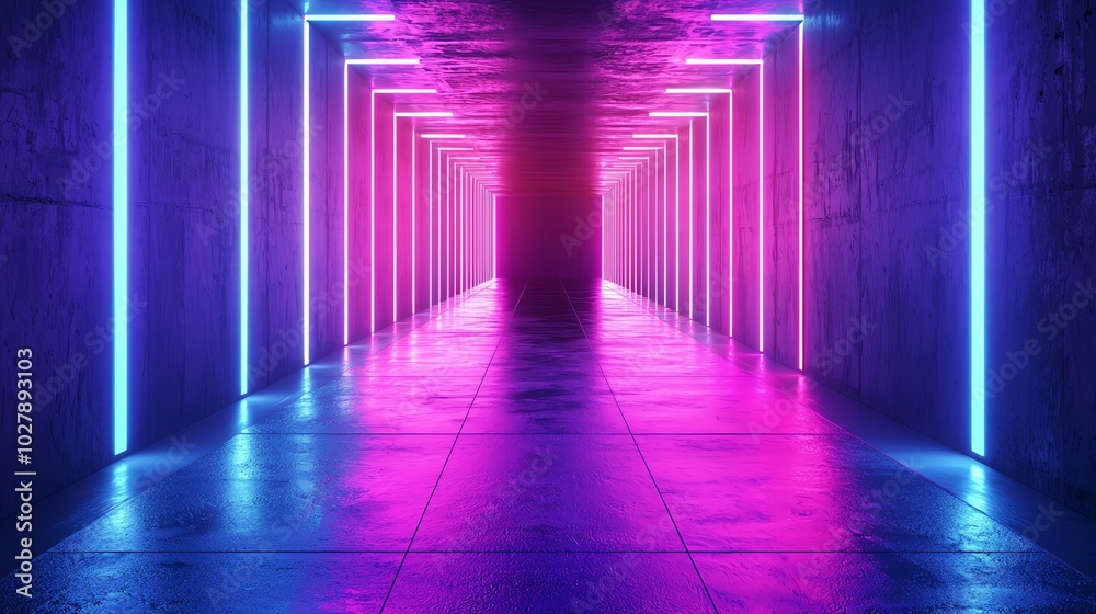 Vibrant neon lights illuminate a modern corridor, creating a stunning atmosphere and depth in a futuristic setting. Vibrant neon lights illuminate a modern corridor, creating a stunning atmosphere and depth in a futuristic setting.