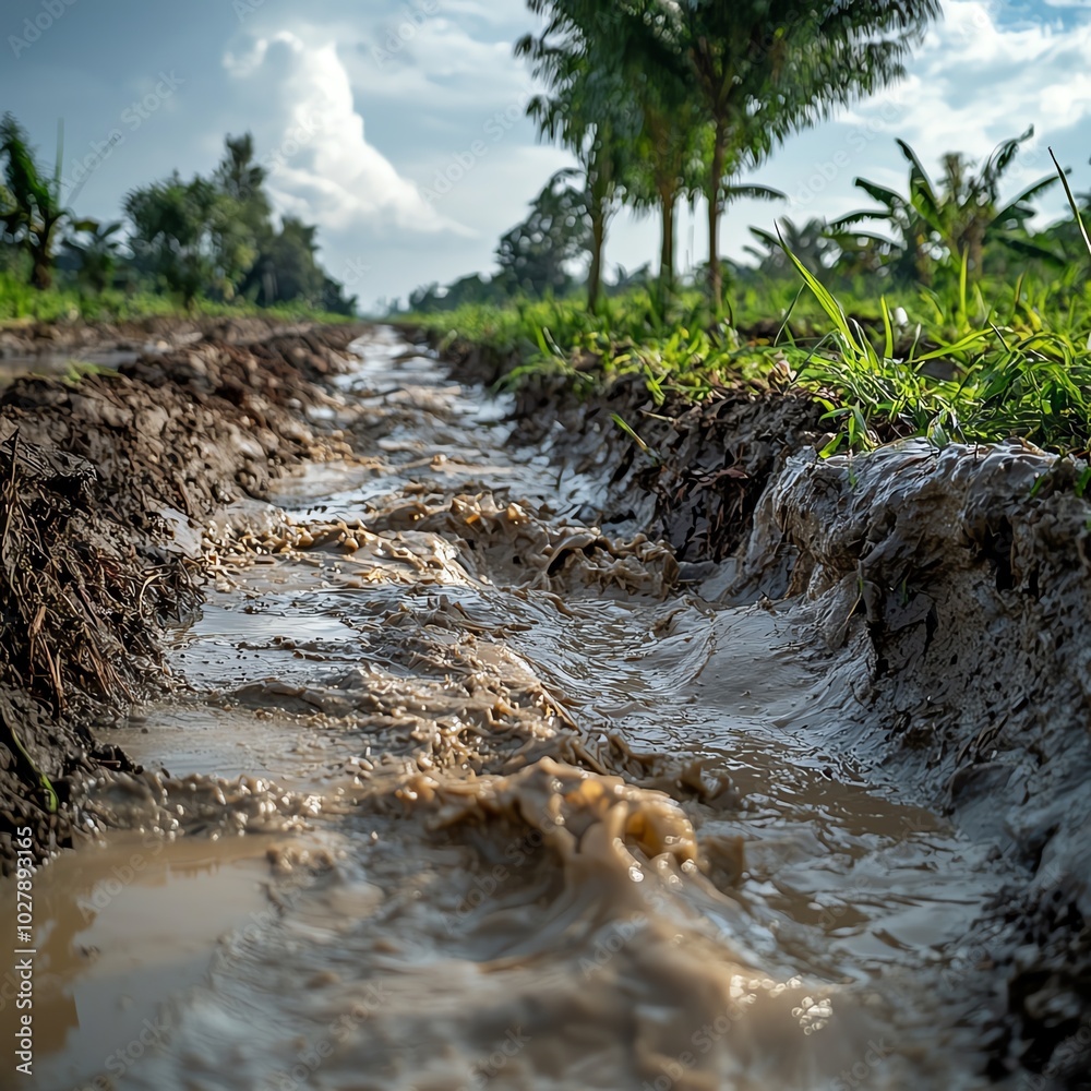 Obraz premium A close-up view of a water-filled irrigation channel surrounded by lush greenery and palm trees under a bright sky.