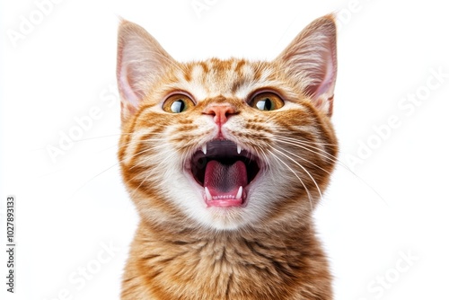 Funny Ginger Cat Meowing with Mouth Open on White Background, Pet Photography Generative AI