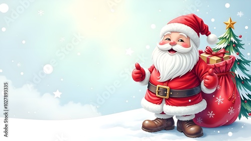 Santa Claus, decorated Christmas tree and bag with gifts. Copy space. Banner.