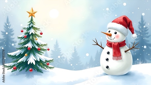 Snowman with Santa hat with red scarf and Christmas tree. Banner. Copy space in the middle. Forest in the background.