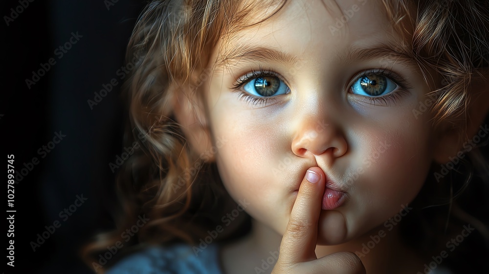 Naklejka premium A captivating portrait of a young girl with sparkling blue eyes, playfully putting her finger to her lips, evoking curiosity.