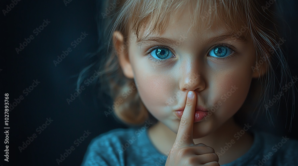 Naklejka premium A young girl with striking blue eyes, making a gesture for silence, capturing curiosity and innocence in a moody setting.