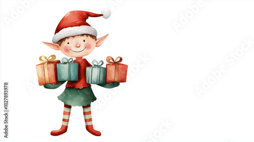 A cheerful Christmas elf wearing a red and green outfit, striped stockings, and a Santa hat, holding several beautifully wrapped gifts. The elfâs wide smile and playful demeanor ca