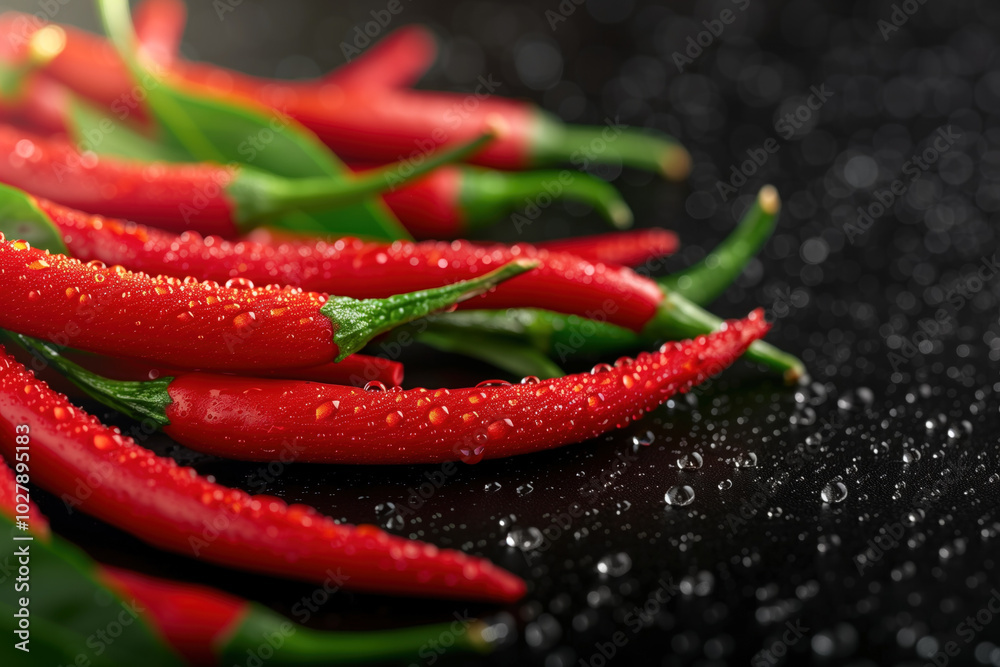 Fresh red chili peppers with water droplets on a black surface Fresh red chili peppers with water droplets on a black surface
