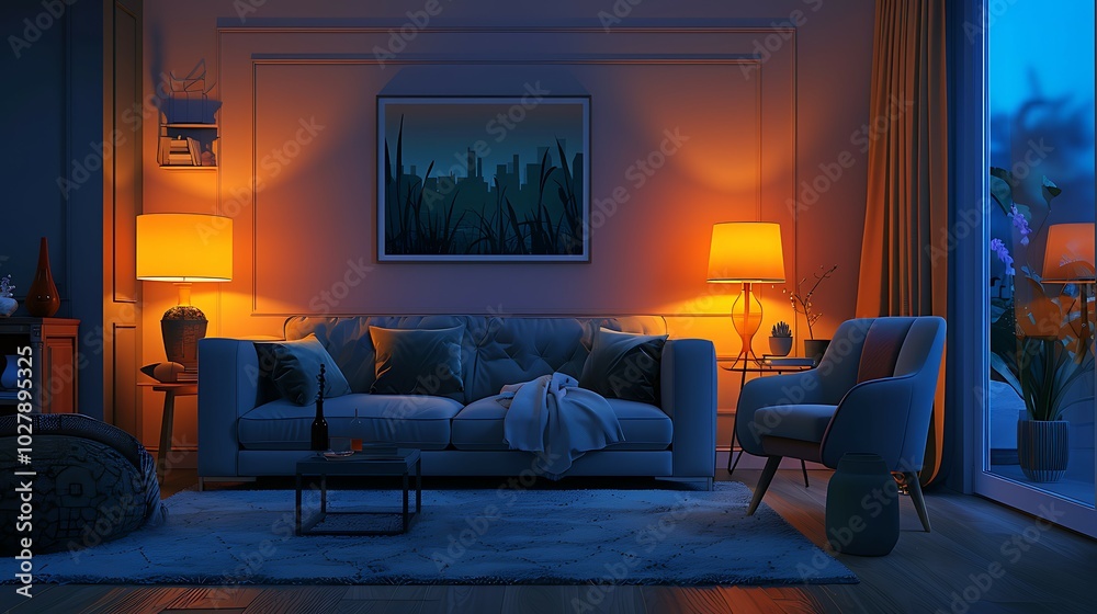 interior with blue sofa and armchair. 3d render illustration interior with blue sofa and armchair. 3d render illustration