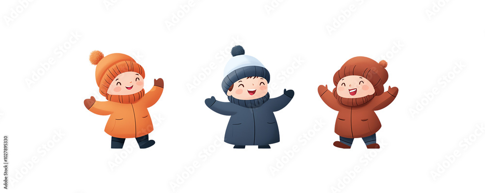 Obraz premium Three cheerful children wearing winter coats, isolated on white background. transparent background watercolor style