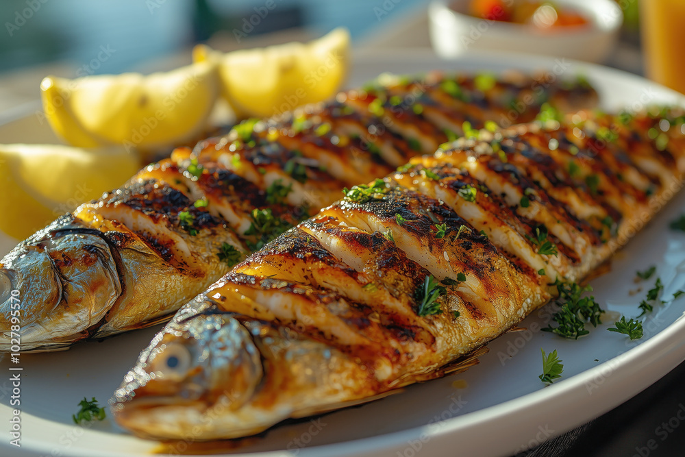 Grilled sardines served with lemon wedges Grilled sardines served with lemon wedges