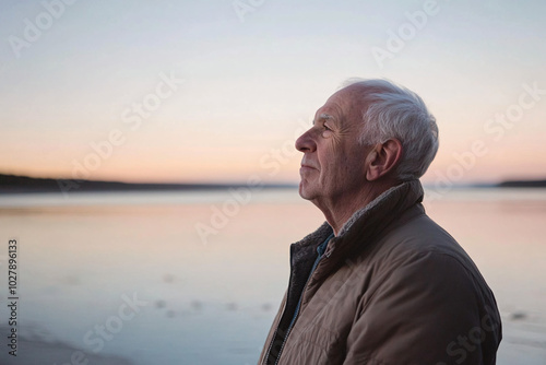 Elderly man in a jacket gazing thoughtfully at the horizon during sunset by the calm sea, enjoying a peaceful and reflective moment in nature 