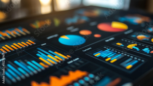 Different kinds of graphs and charts, like bar charts, column graphs, line graphs, Gantt charts, waterfall charts, Venn diagrams, pyramids, and pie charts.