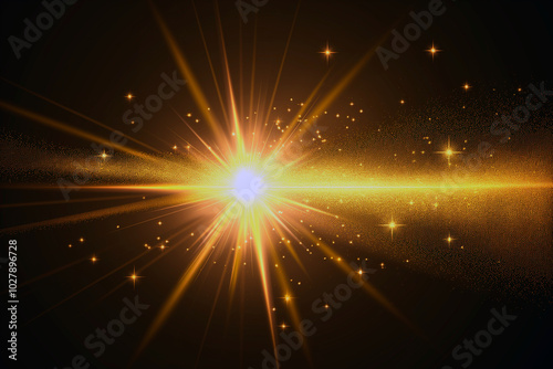 Bright light burst is shining, surrounded by sparkles on a black background, realistic vector illustration. Glowing explosion, shining effect a star or a galaxy. Banner or background for the design