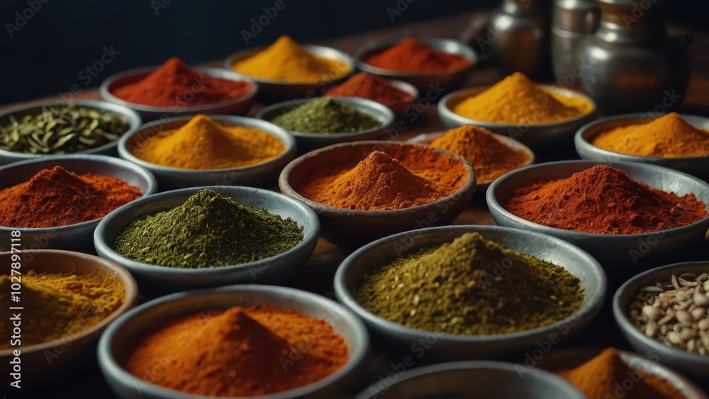 Variety of spices in bowls on wooden table. Selective focus. Variety of spices in bowls on wooden table. Selective focus.