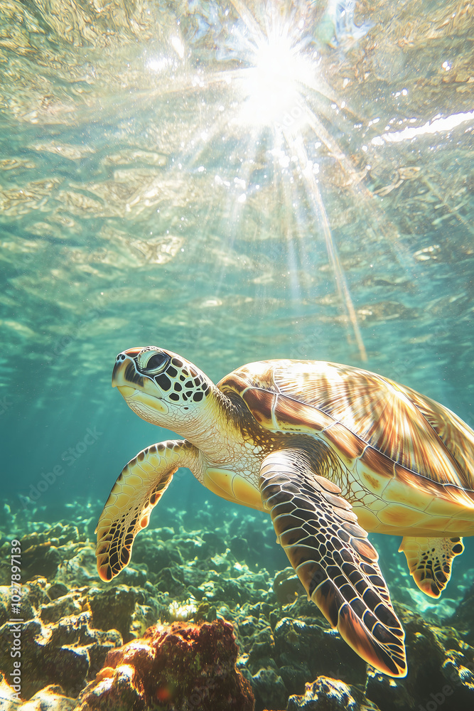 Fototapeta premium Sea turtle animal swimming in ocean sea underwater landscape colorful coral reef life, travel and summer concept.