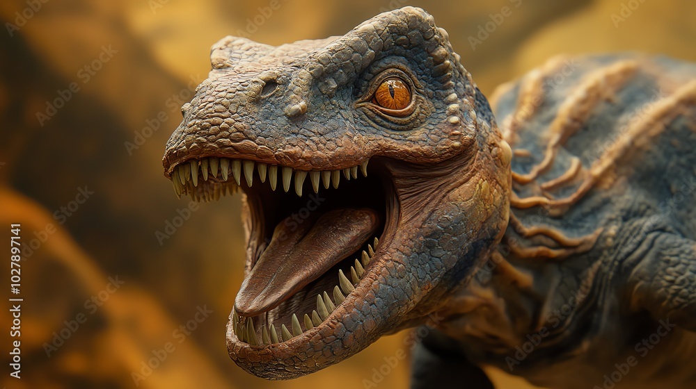 Close-up image of a roaring dinosaur showcasing its sharp teeth and textured skin, set against a natural background. Close-up image of a roaring dinosaur showcasing its sharp teeth and textured skin, set against a natural background.