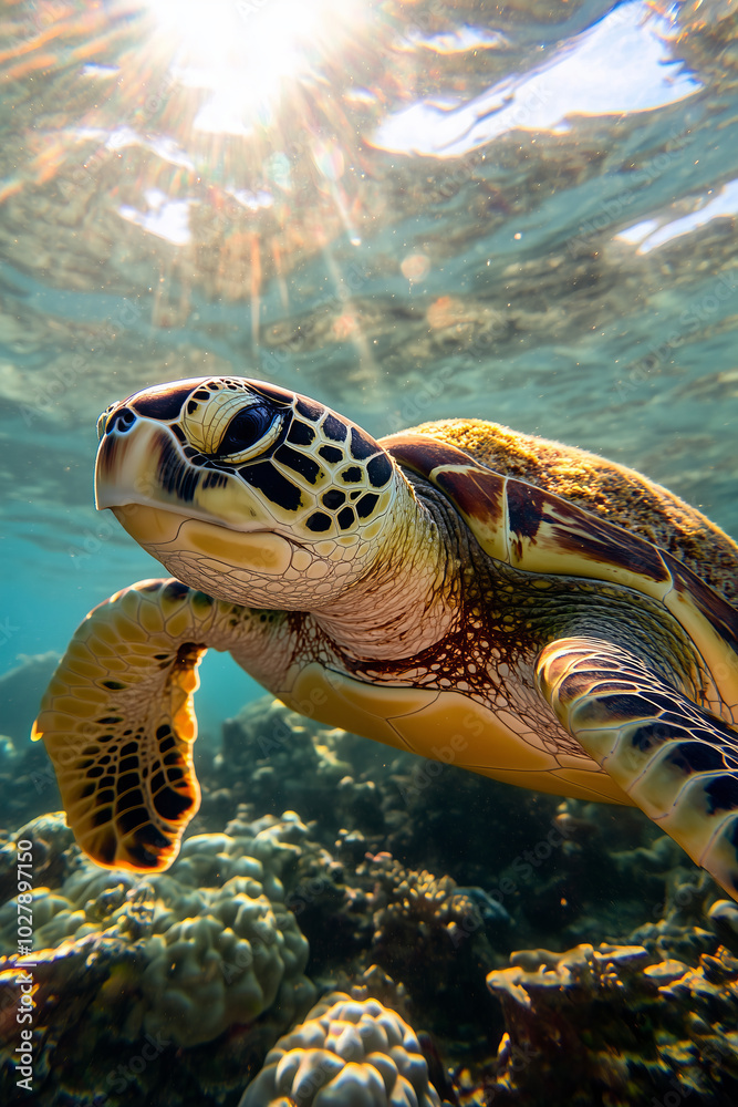 Fototapeta premium Sea turtle animal swimming in ocean sea underwater landscape colorful coral reef life, travel and summer concept.