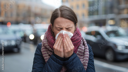 A woman sneezes into a tissue while standing outdoors in a busy city street, bundled up in a scarf and coat, suggesting cold weather and seasonal illness.