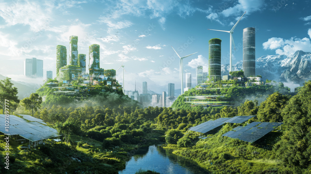 Fototapeta premium Futuristic landscape representing COP29