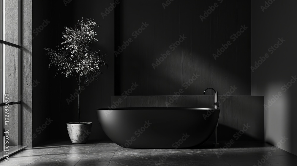 Interior of modern bathroom with black walls, tiled floor, comfortable black bathtub standing near the window. Interior of modern bathroom with black walls, tiled floor, comfortable black bathtub standing near the window.