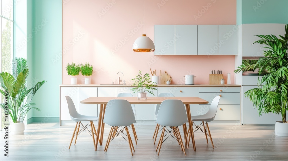 Empty dining table in a modern kitchen with pastel-colored furniture, contemporary design, open and bright space Empty dining table in a modern kitchen with pastel-colored furniture, contemporary design, open and bright space