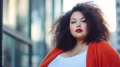 A plus-size fashion blogger posing for a photoshoot in a trendy urban location wearing a chic outfit and radiating confidence.