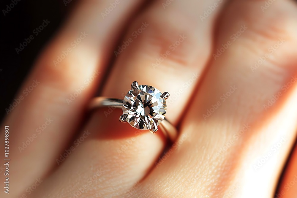 Obraz premium Dazzling Diamond Solitaire Ring Adorning Hand in Warm Light