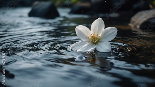 White flower in the water on the background of a black stone.