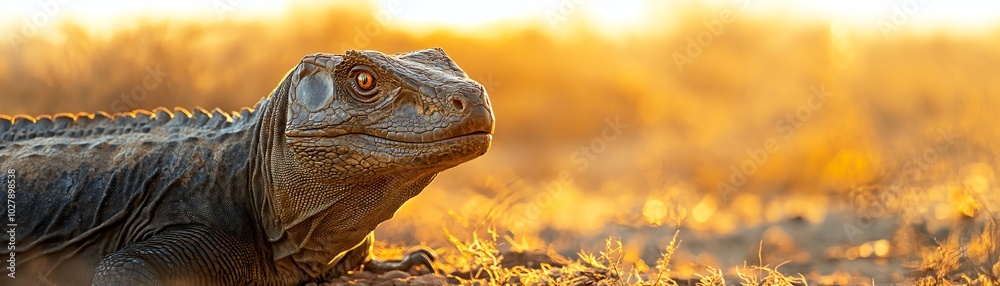 Fototapeta premium A majestic iguana basks in the warm glow of a golden sunrise, capturing the essence of nature's serene and tranquil beauty in the wild.