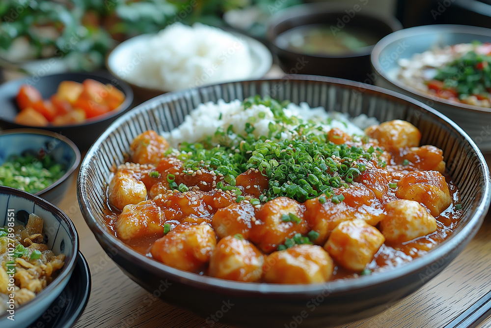 Spicy chicken with sweet and sour sauce in bowl on wooden table Spicy chicken with sweet and sour sauce in bowl on wooden table
