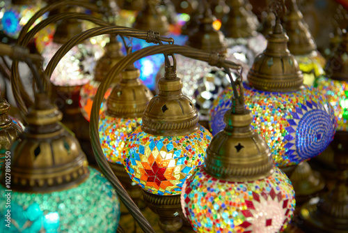 Colorful Mosaic Lamps on Display in a Traditional Market