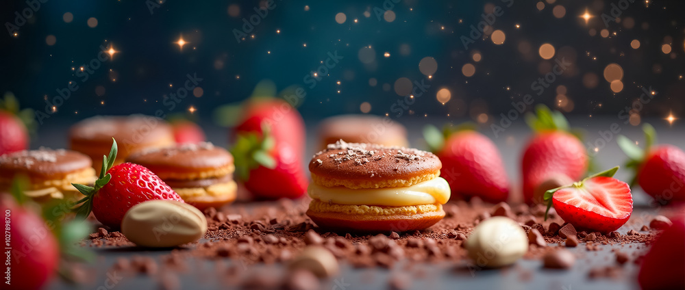 A variety of macarons rests on a dark surface, beautifully arranged with fresh strawberries and chocolate powder, creating a visually stunning and appetizing display A variety of macarons rests on a dark surface, beautifully arranged with fresh strawberries and chocolate powder, creating a visually stunning and appetizing display