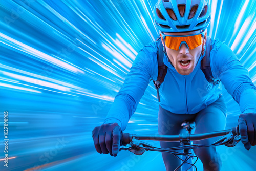 Cyclist in blue gear racing through the streets at high speed during a sunny day photo