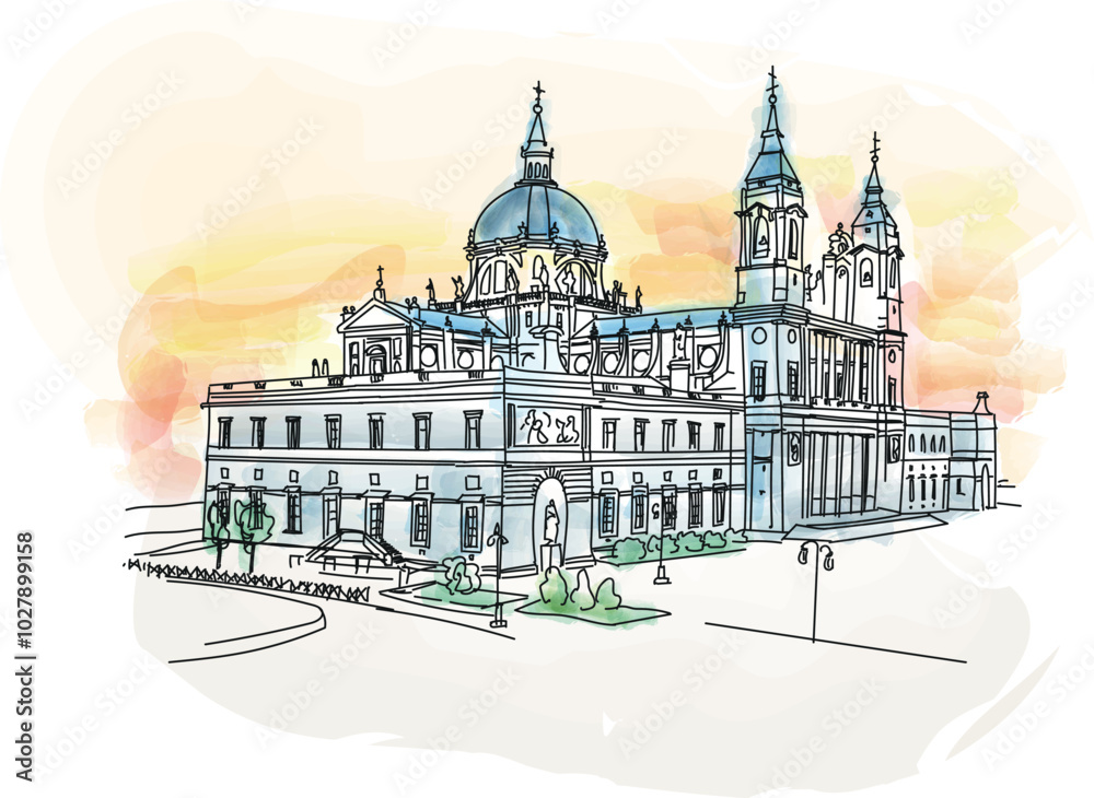 Madrid Spain - The Almudena Cathedral during a colorful sunset - vector illustration
