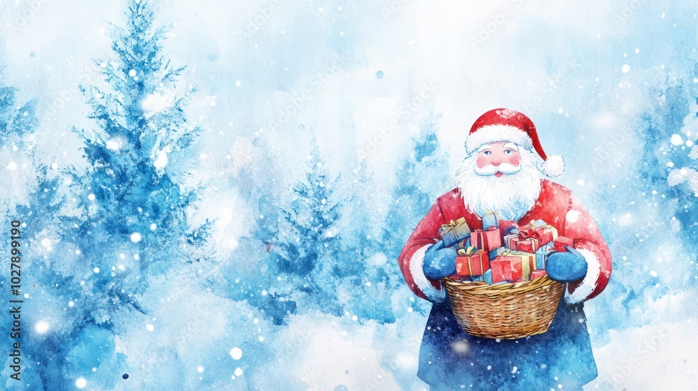 Whimsical Watercolor of Santa Claus Carrying a Basket of Gifts in a Snowy Winter Wonderland Whimsical Watercolor of Santa Claus Carrying a Basket of Gifts in a Snowy Winter Wonderland