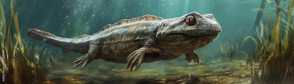 Fototapeta premium A prehistoric aquatic creature swimming underwater, showcasing ancient reptilian features and a serene ocean ambiance.