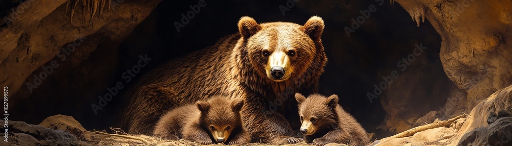 Obraz premium A majestic brown bear with two adorable cubs in a cozy cave setting, showcasing wild nature and family bonds in their natural habitat.